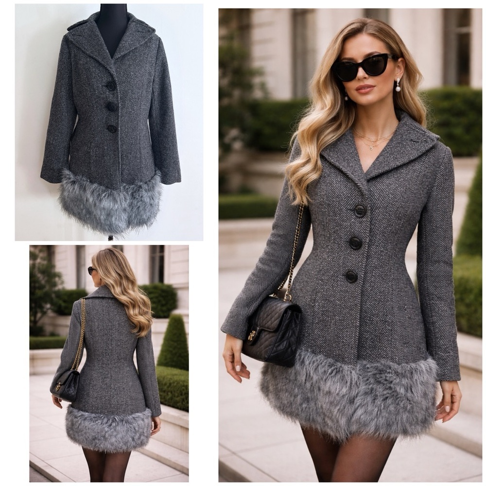 MaxMara Herringbone Chevron Fur Trimmed Buttons Peacoat Coat US 8​